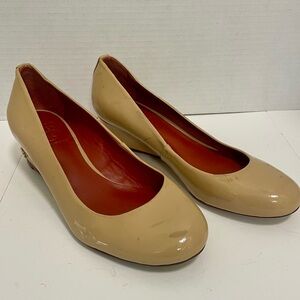 Tory Burch Annalise Nude Tan Patent Leather Wedge Shoes